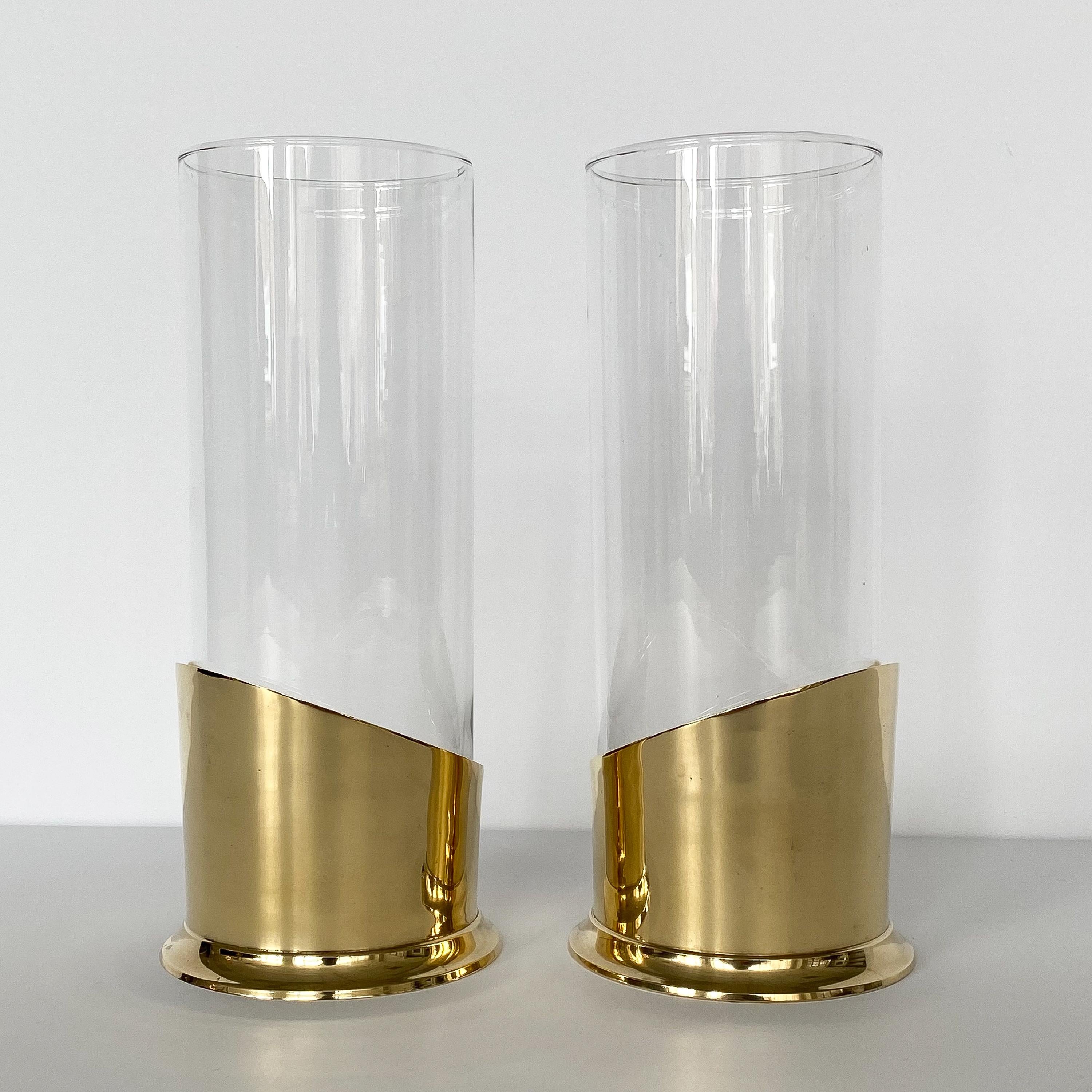 Late 20th Century Pair of Brass and Glass Hurricane Candleholders / Vases