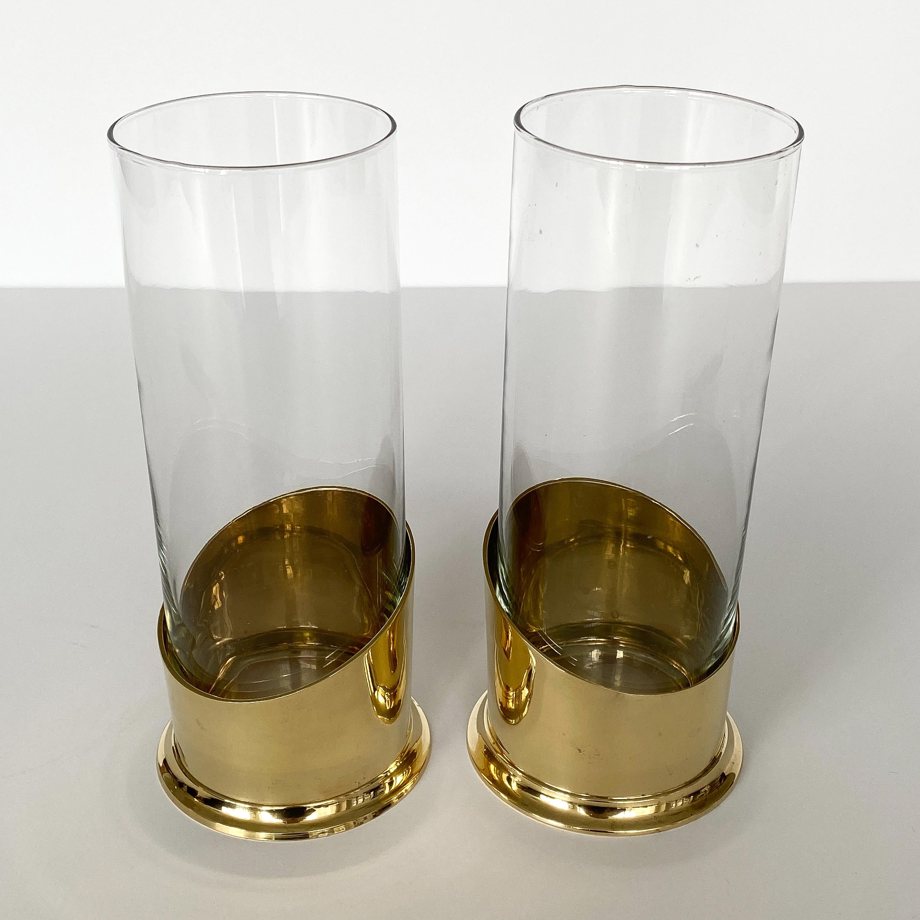 Pair of Brass and Glass Hurricane Candleholders / Vases 1