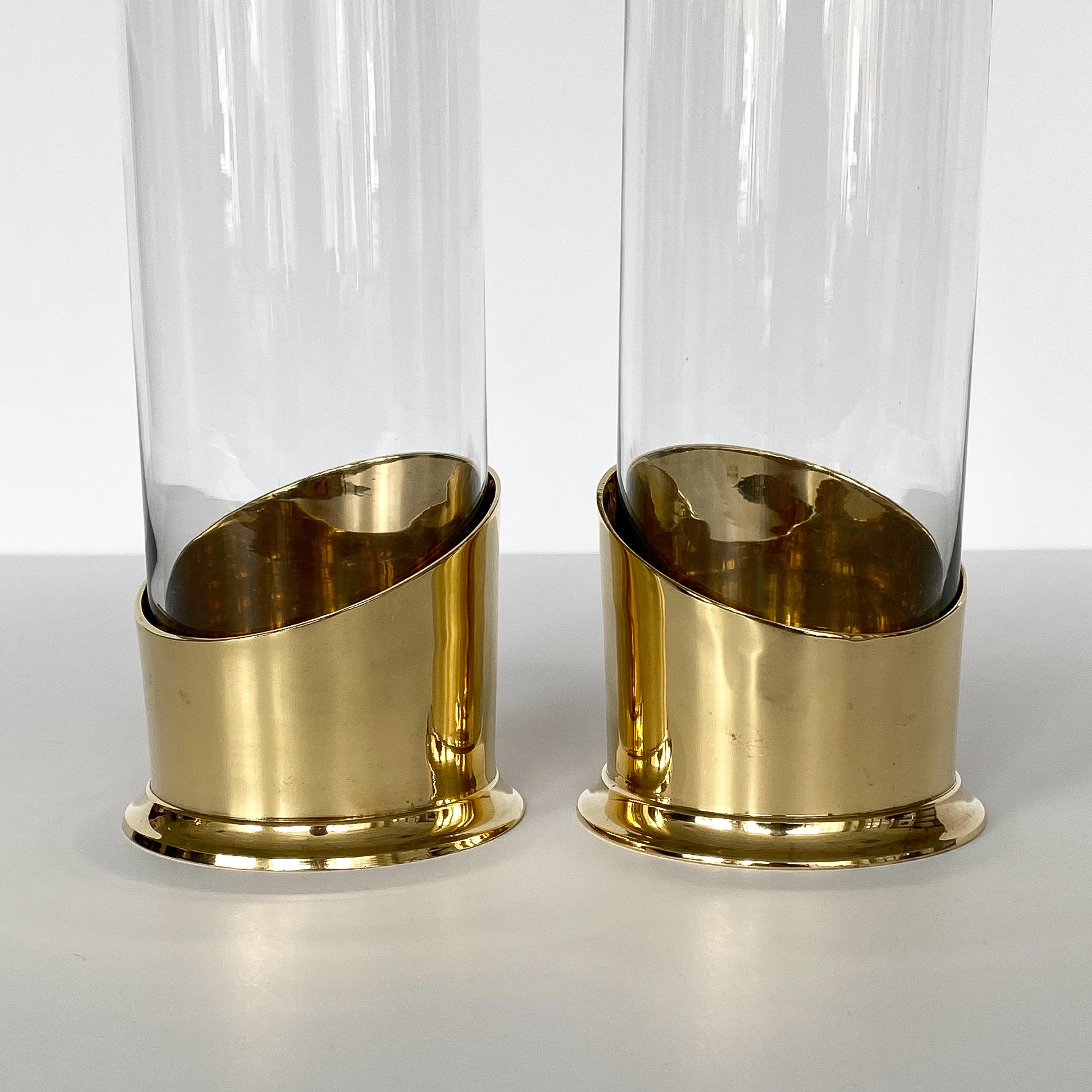 Pair of Brass and Glass Hurricane Candleholders / Vases 3