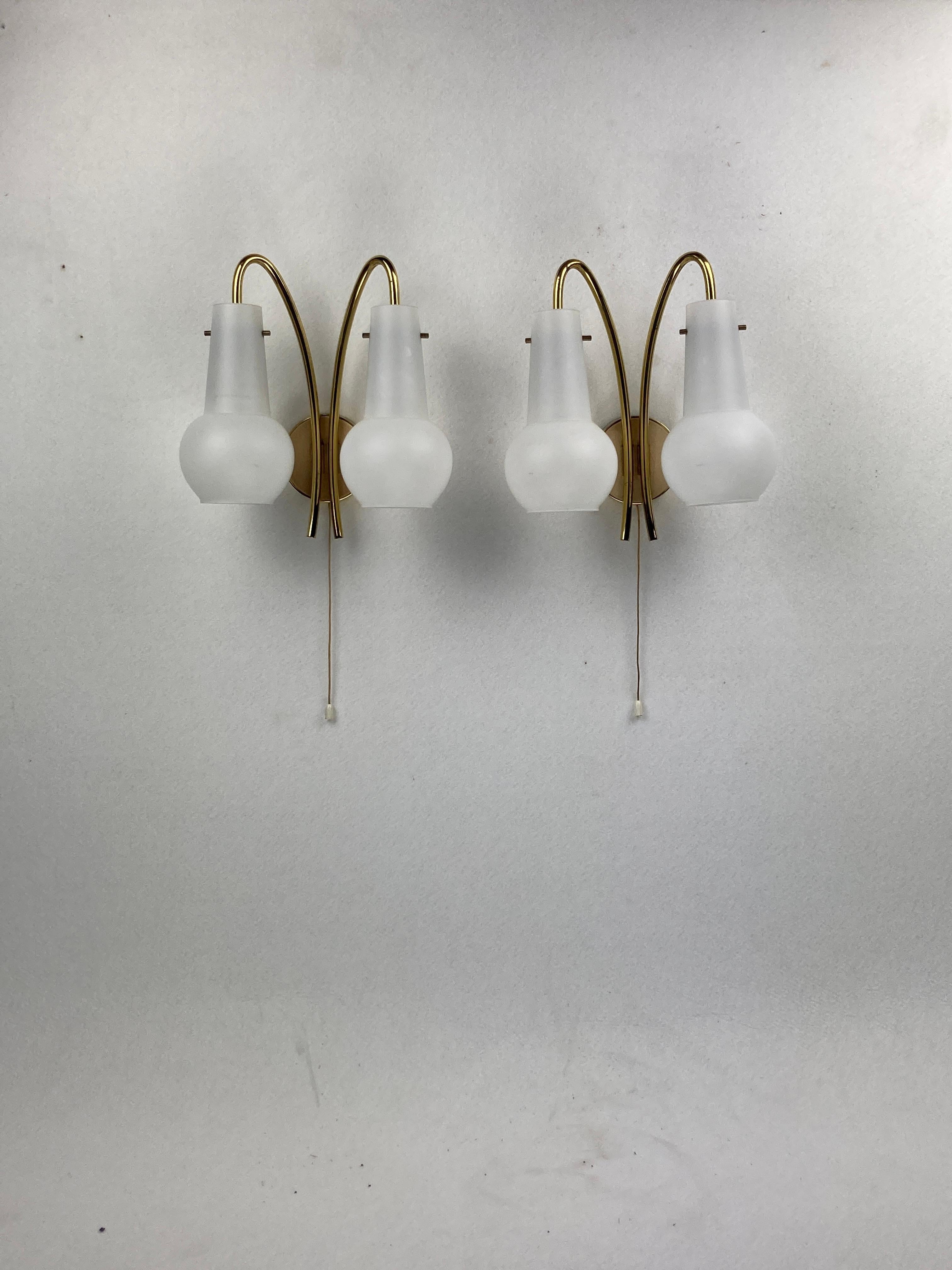 Pair brass and opaline wall sconces or bedside lamps, Austria 1950s For Sale 3