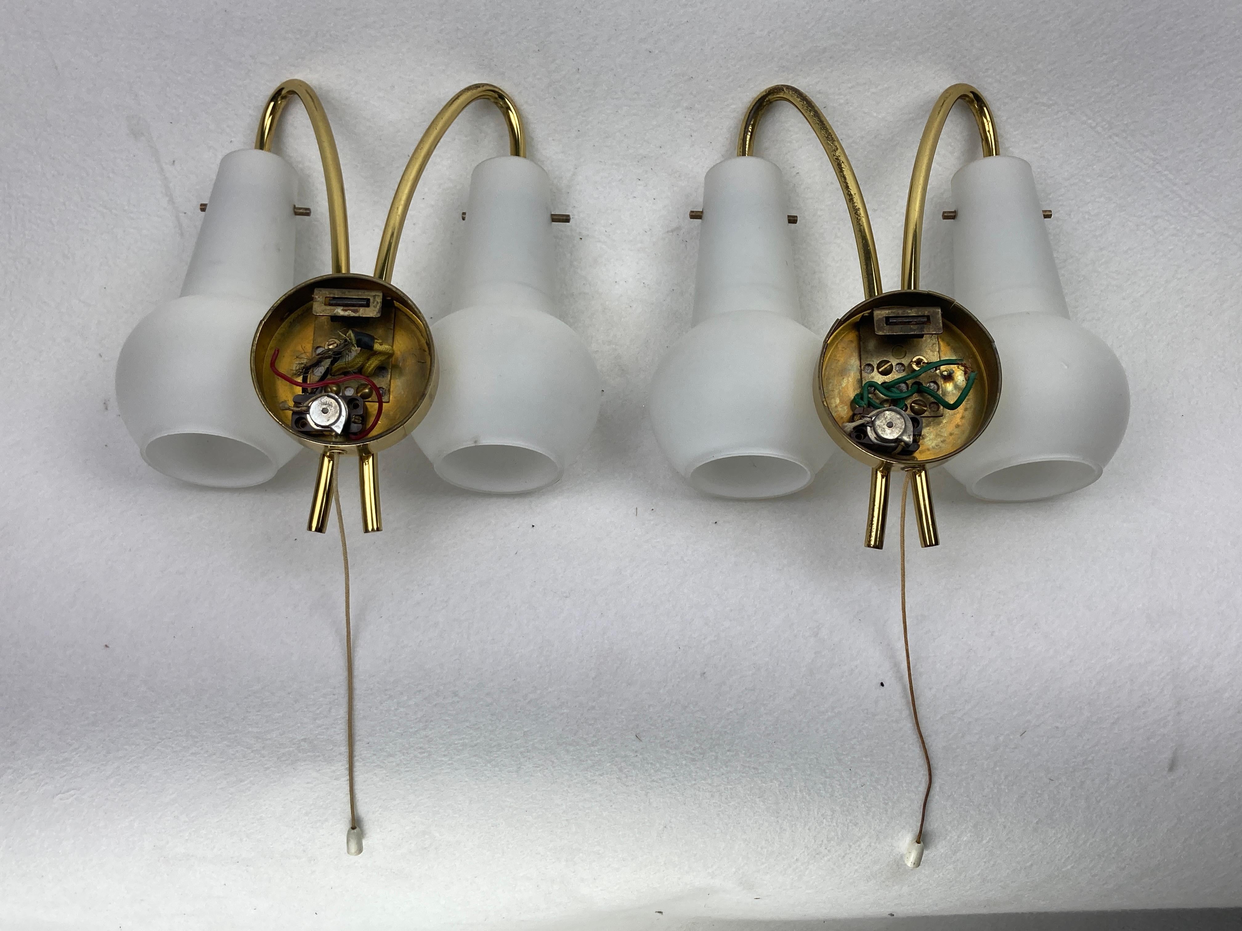 Pair brass and opaline wall sconces or bedside lamps, Austria 1950s For Sale 6