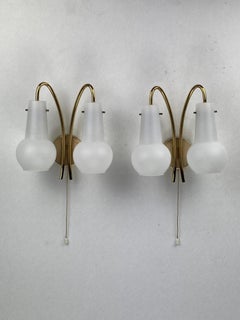 Pair brass and opaline wall sconces or bedside lamps, Austria 1950s