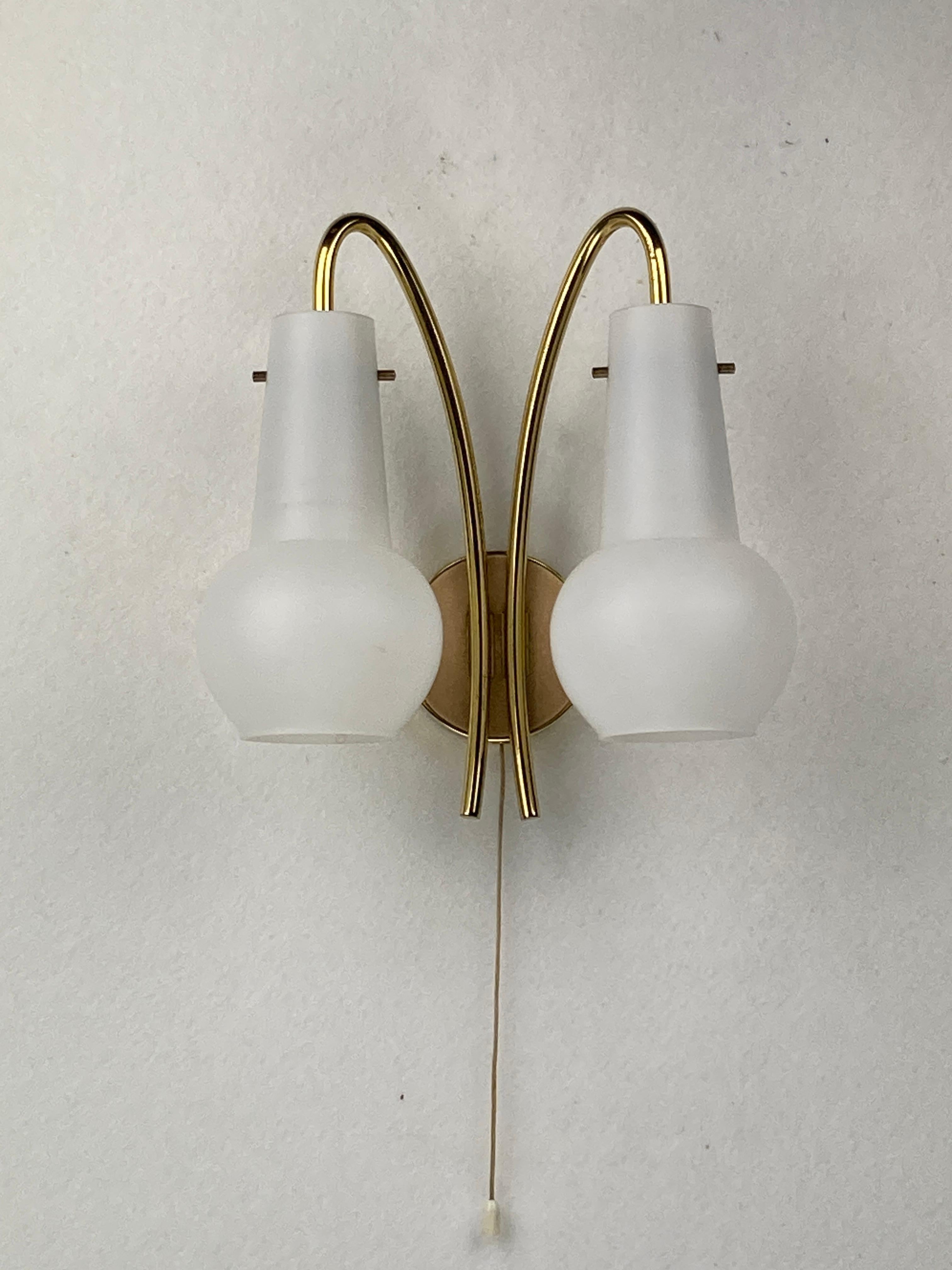 Austrian Pair brass and opaline wall sconces or bedside lamps, Austria 1950s For Sale