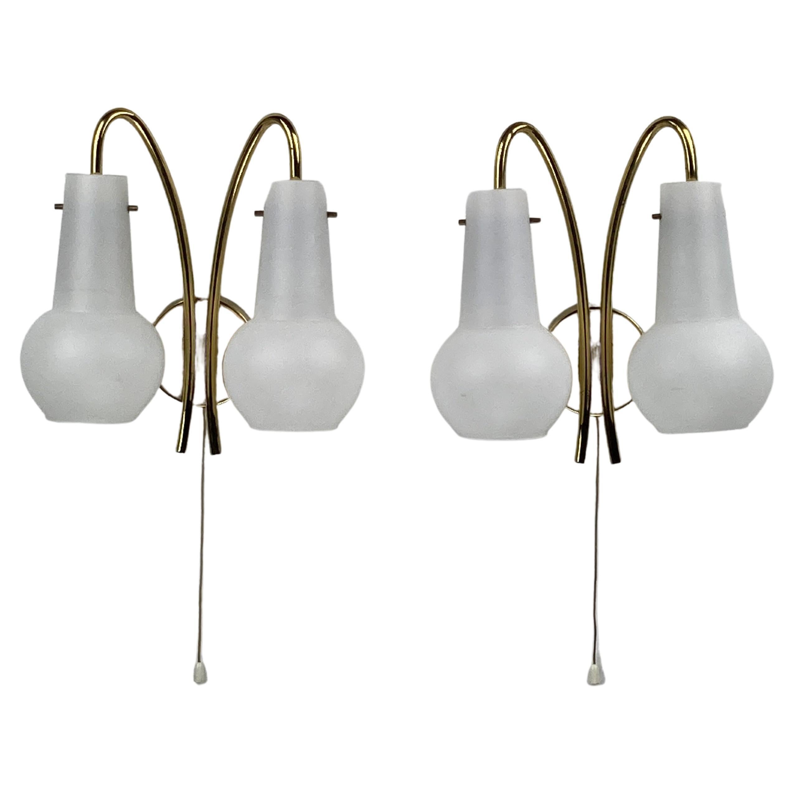 Pair brass and opaline wall sconces or bedside lamps, Austria 1950s