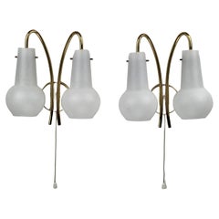 Vintage Pair brass and opaline wall sconces or bedside lamps, Austria 1950s