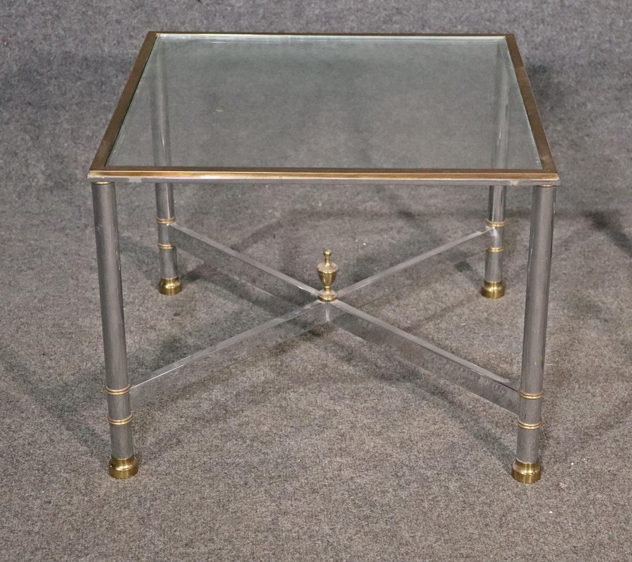 European Pair Brass and Steel Jansen Style Mid-Century Modern Square End Tables For Sale