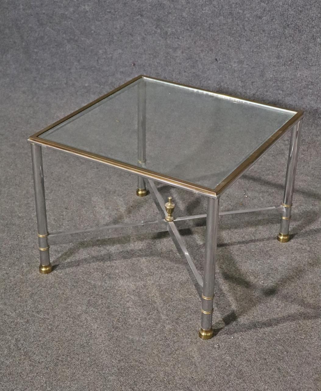 Pair Brass and Steel Jansen Style Mid-Century Modern Square End Tables In Good Condition For Sale In Swedesboro, NJ