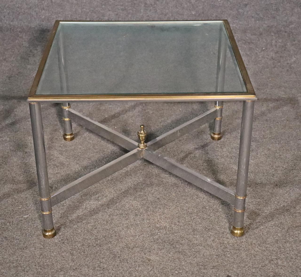 Late 20th Century Pair Brass and Steel Jansen Style Mid-Century Modern Square End Tables For Sale