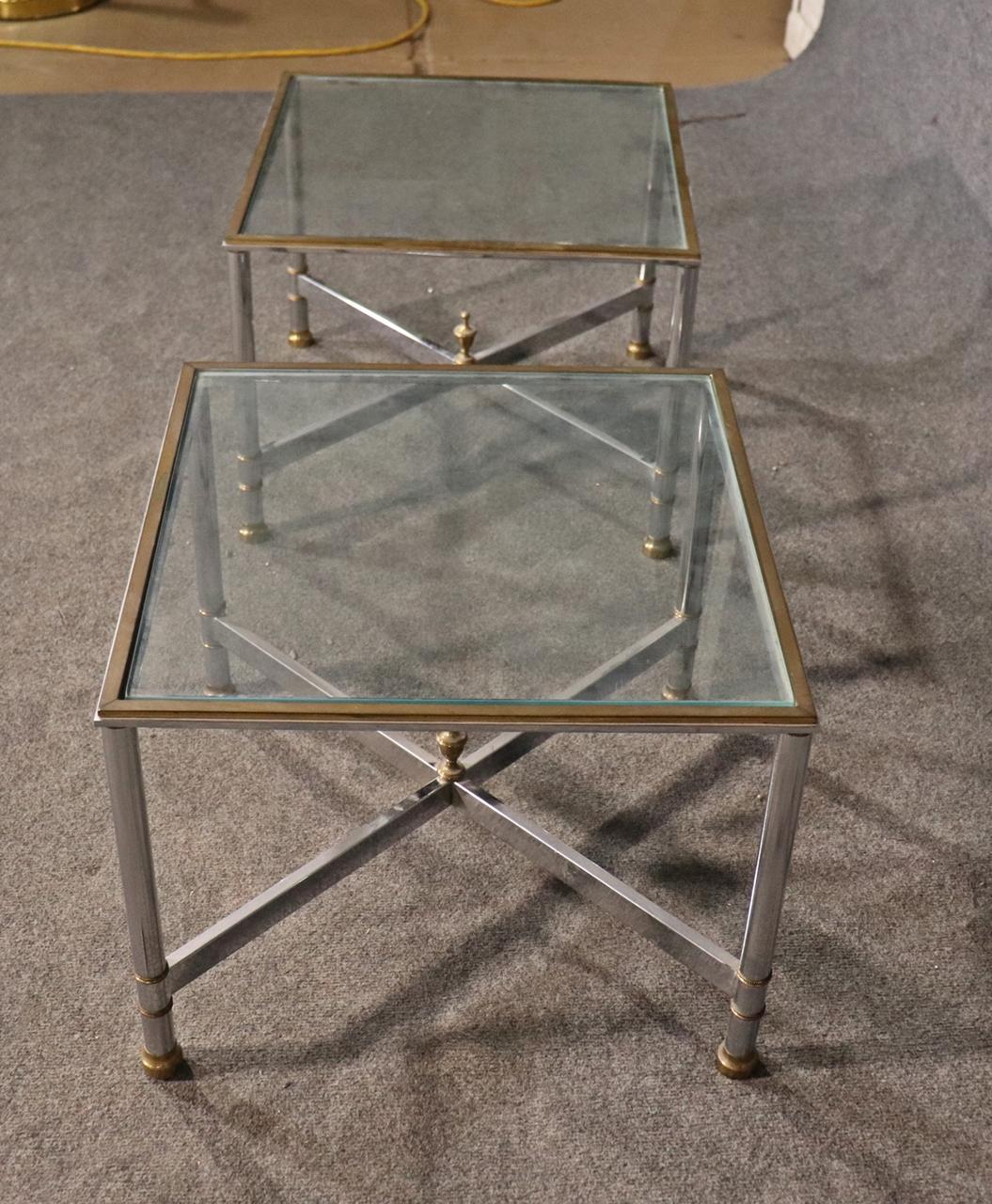 Pair Brass and Steel Jansen Style Mid-Century Modern Square End Tables For Sale 1