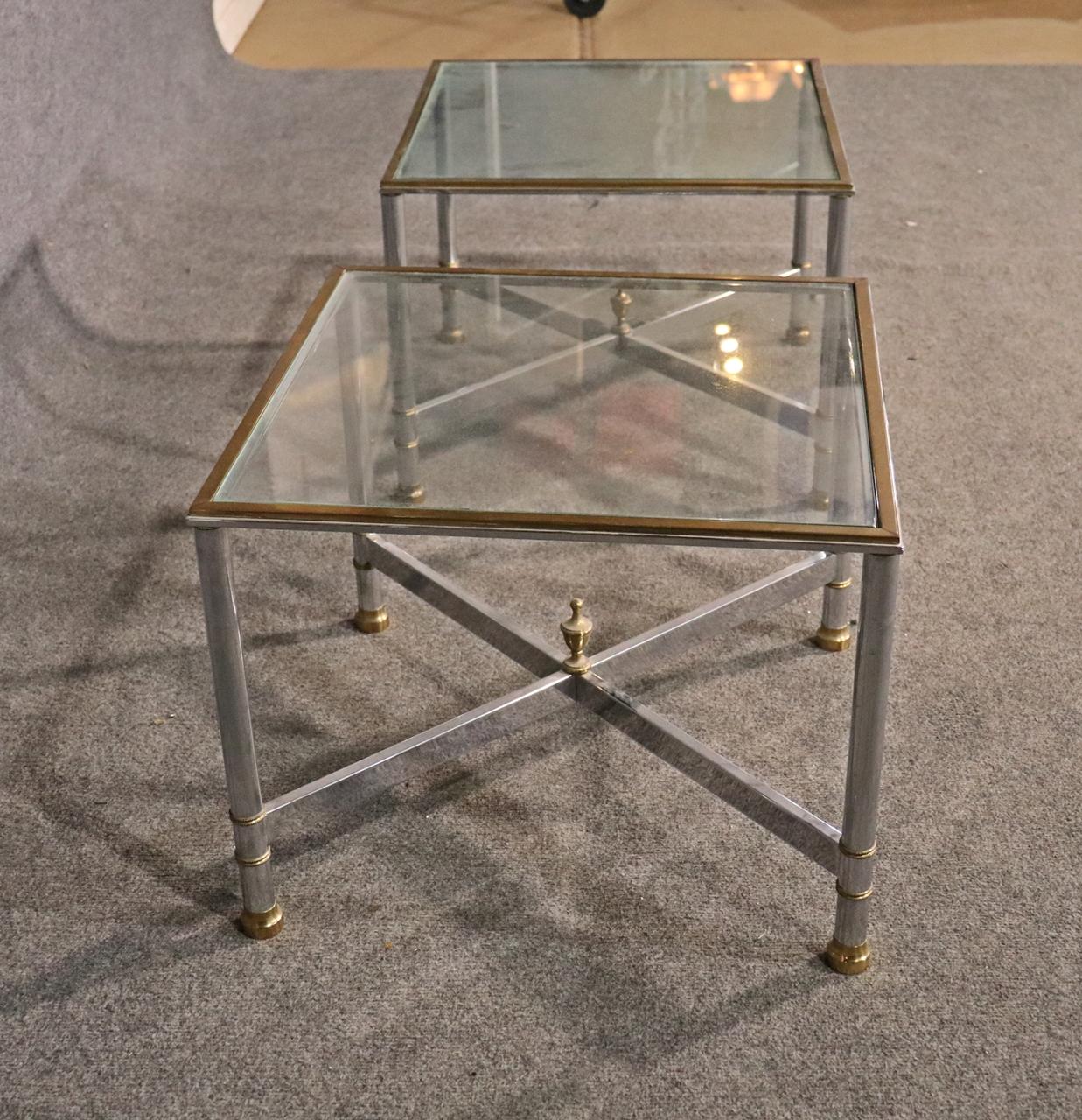 Pair Brass and Steel Jansen Style Mid-Century Modern Square End Tables For Sale 2