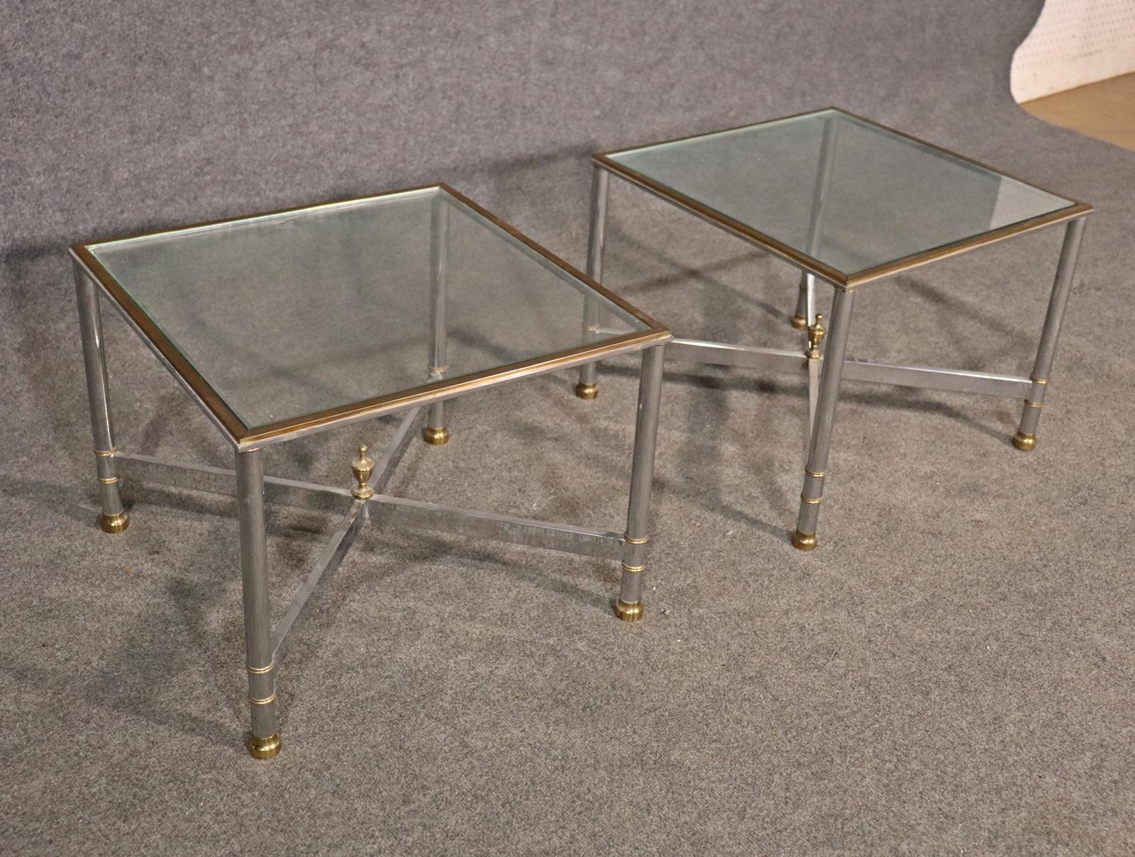 Pair Brass and Steel Jansen Style Mid-Century Modern Square End Tables For Sale 4