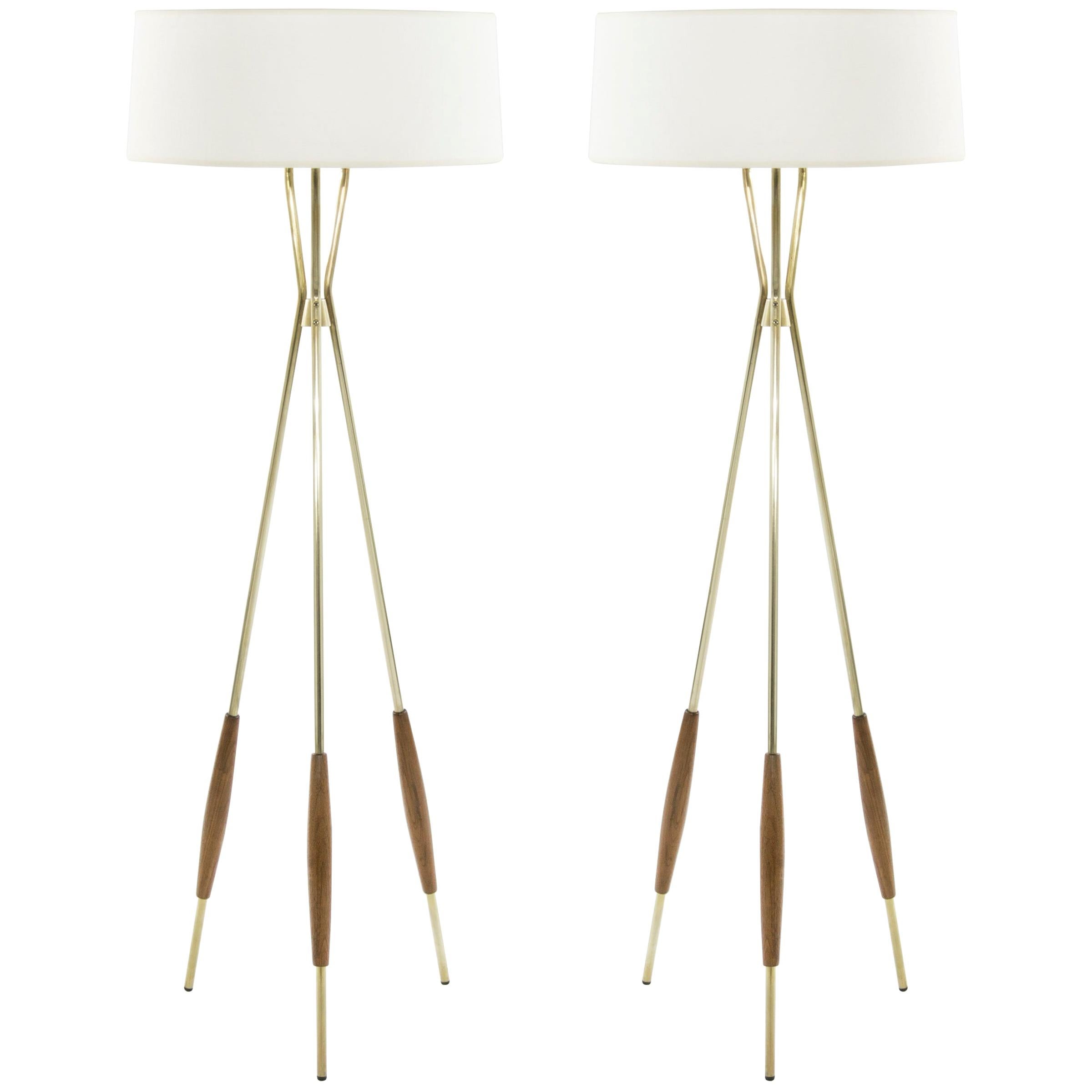 Pair of Brass and Walnut Tripod Floor Lamps by Gerald Thurston, 1960s