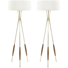 Pair of Brass and Walnut Tripod Floor Lamps by Gerald Thurston, 1960s