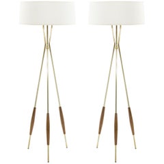 Pair of Brass and Walnut Tripod Floor Lamps by Gerald Thurston, 1960s