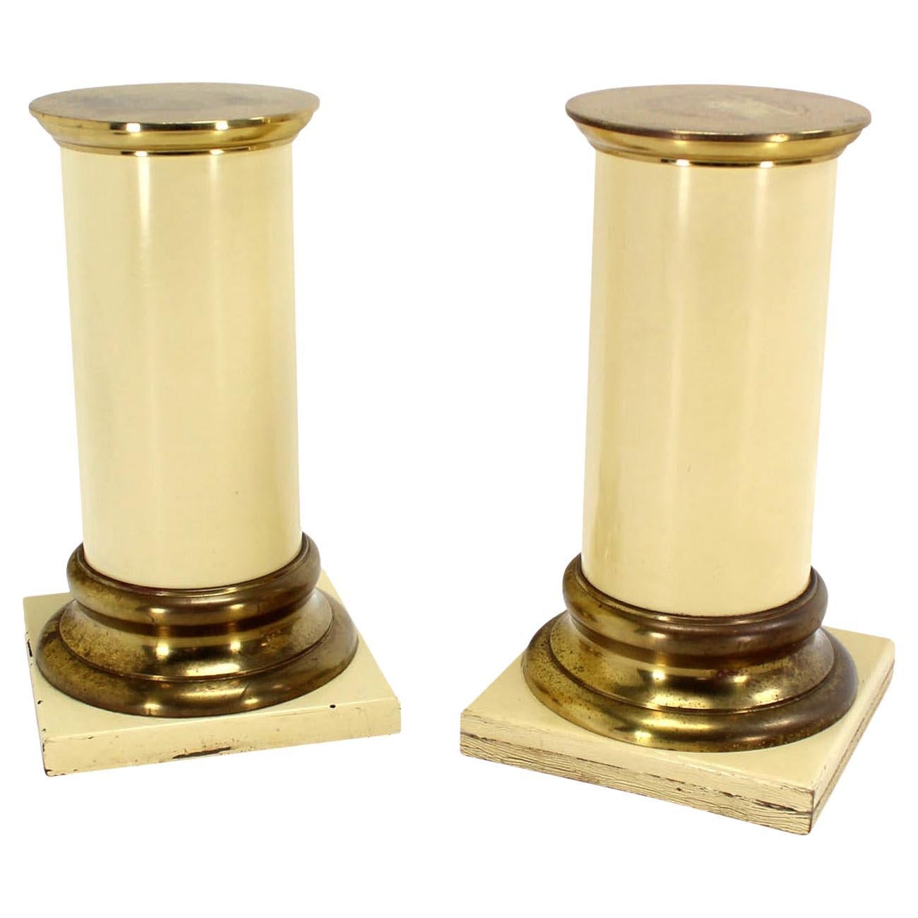 Pair Brass and White Beige Lacquered Wood Round Pedestals Table Bases Stands 