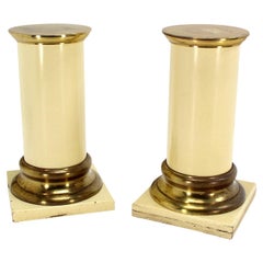 Vintage Pair Brass and White Beige Lacquered Wood Round Pedestals Table Bases Stands 