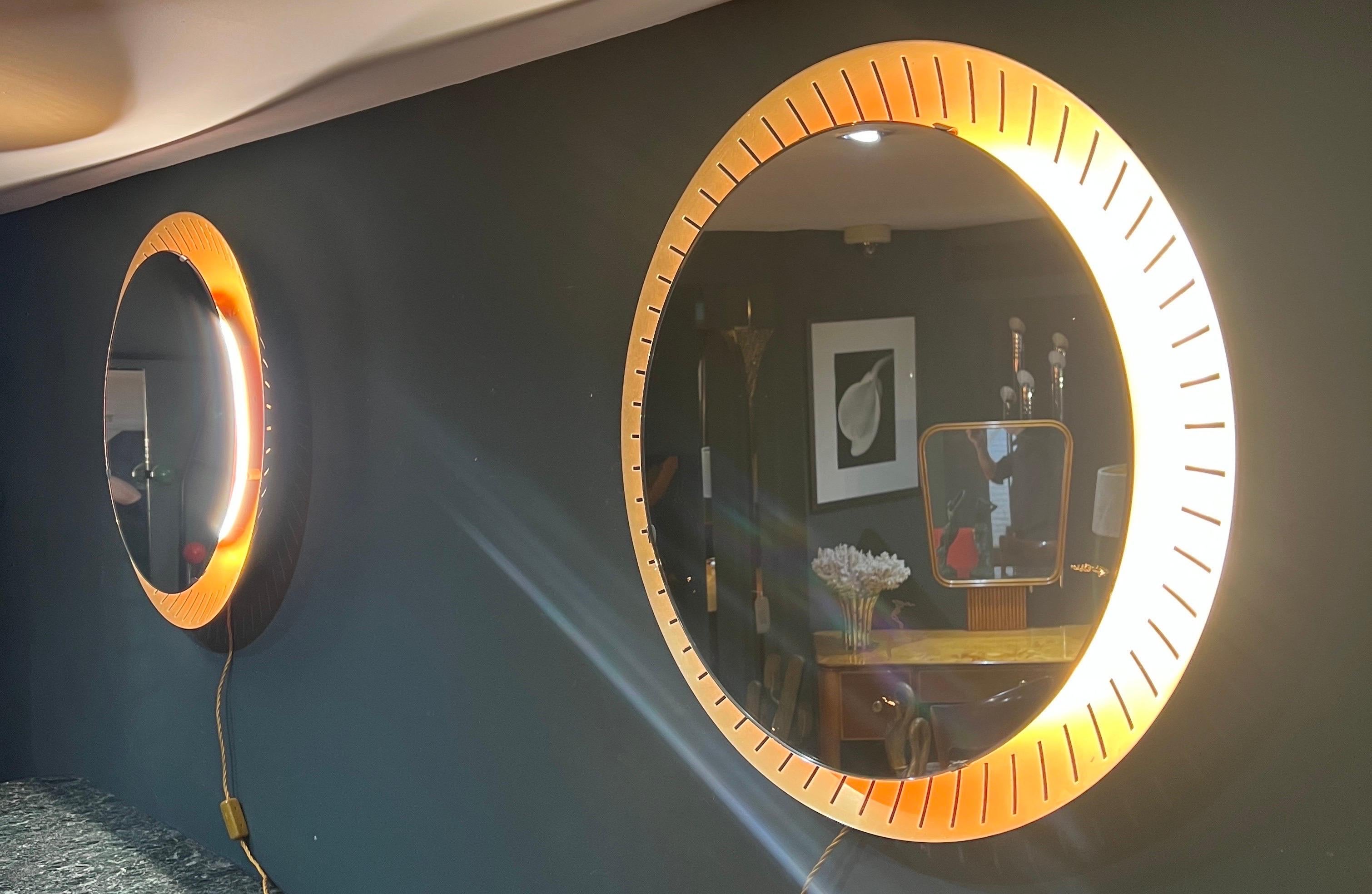 Hand-Crafted Pair brass backlit circular mirrors  For Sale