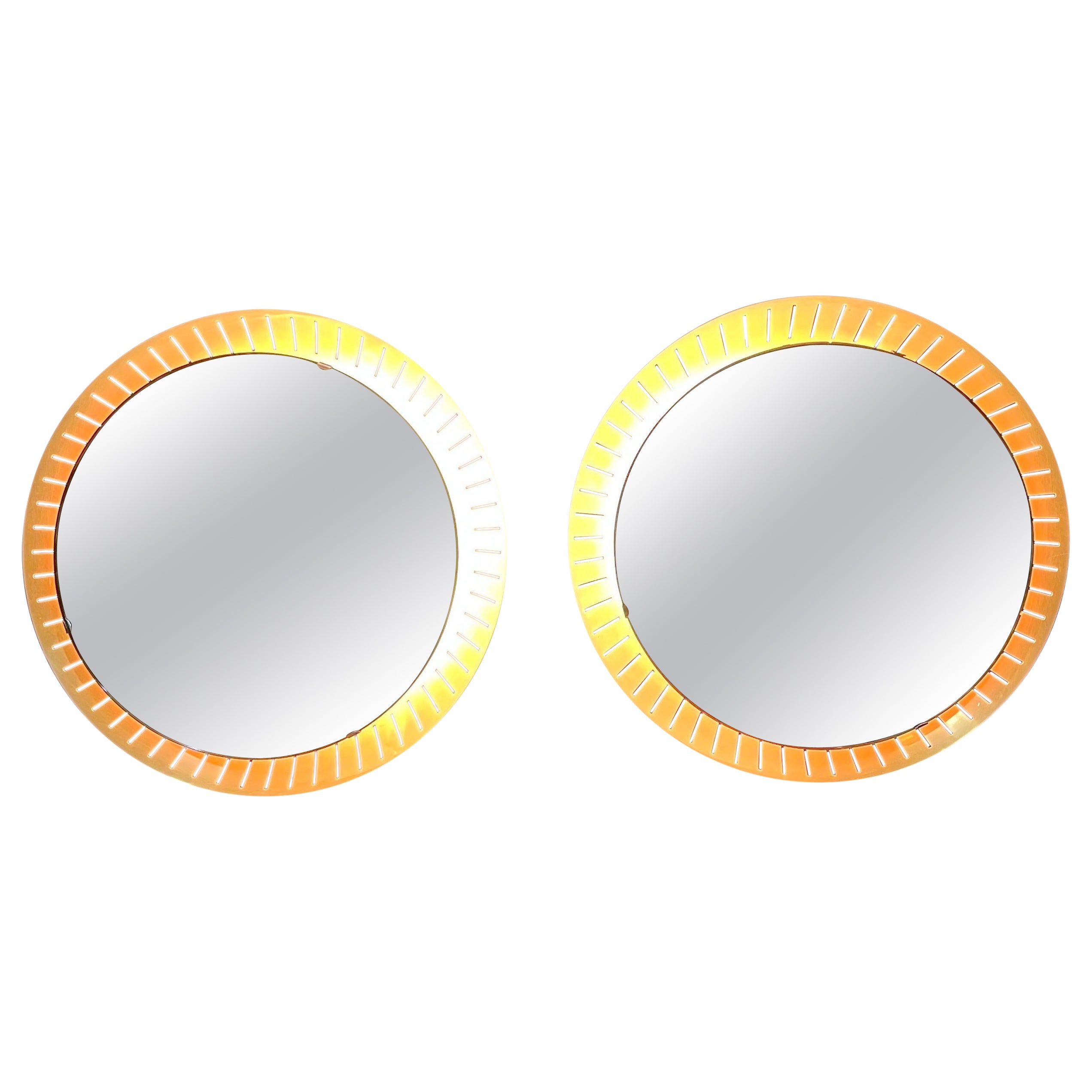 Pair brass backlit circular mirrors