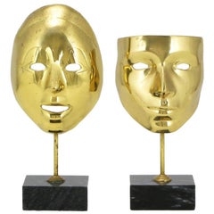 Vintage Pair Brass Carnivale Masks Mounted On Black Marble