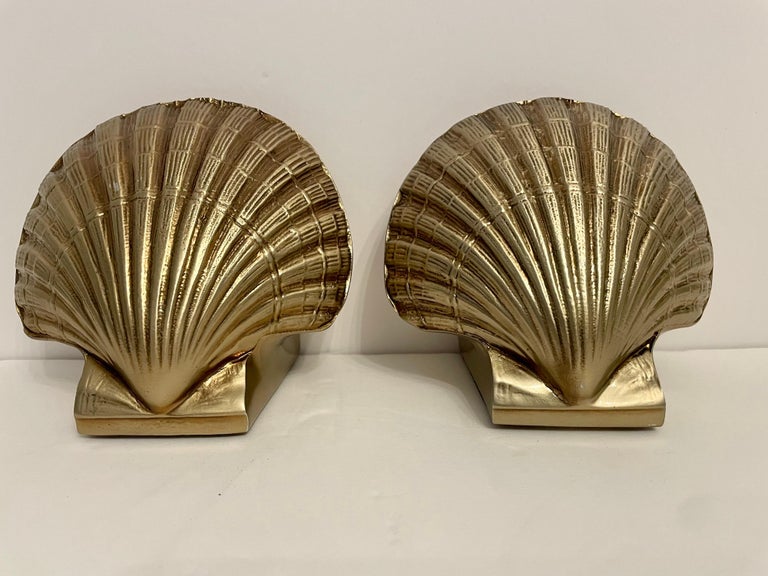 Pair Brass Clam Shell Seashell Bookends For Sale at 1stDibs