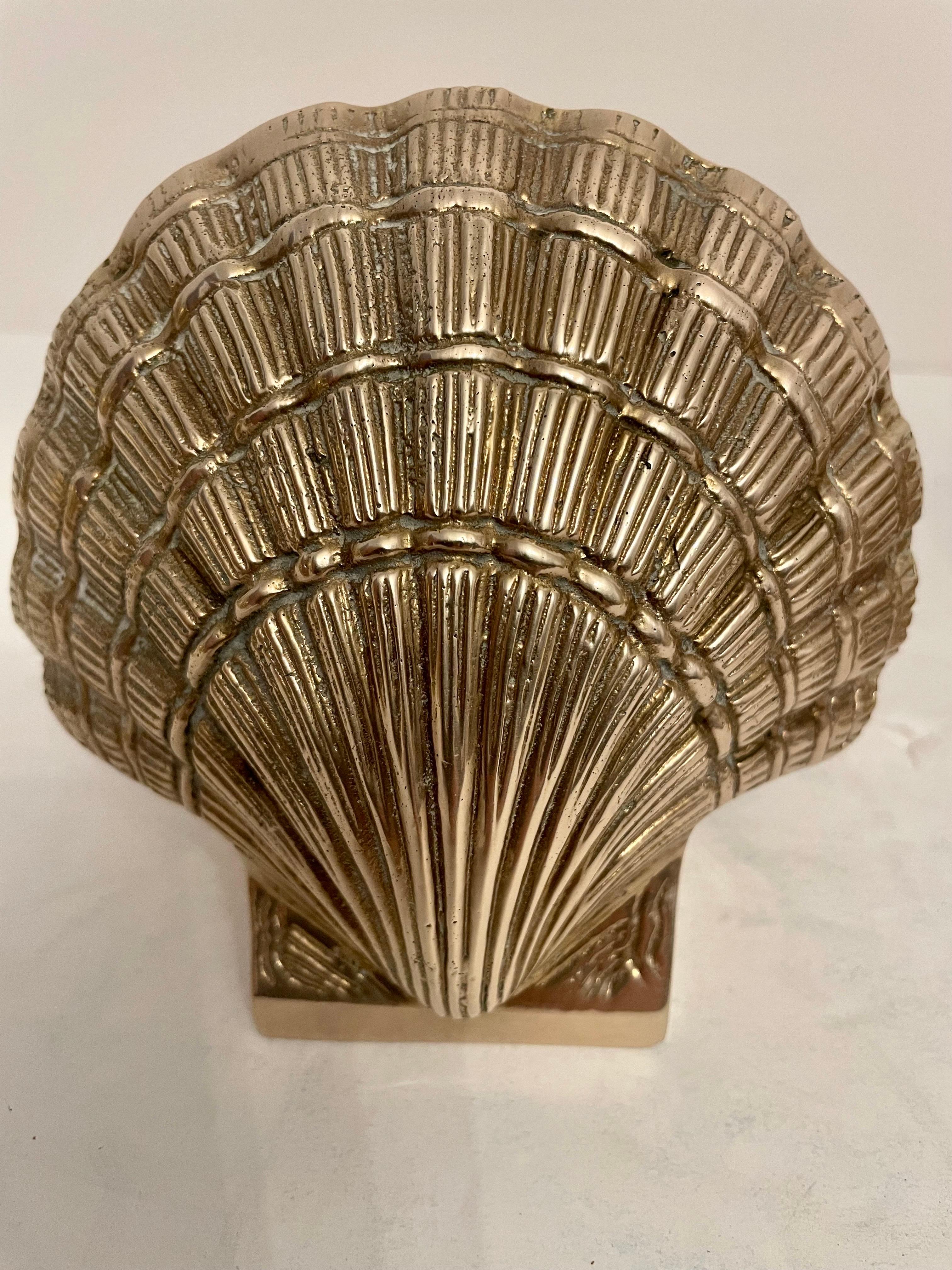 Hollywood Regency Pair Brass Clam Shell Seashell Bookends