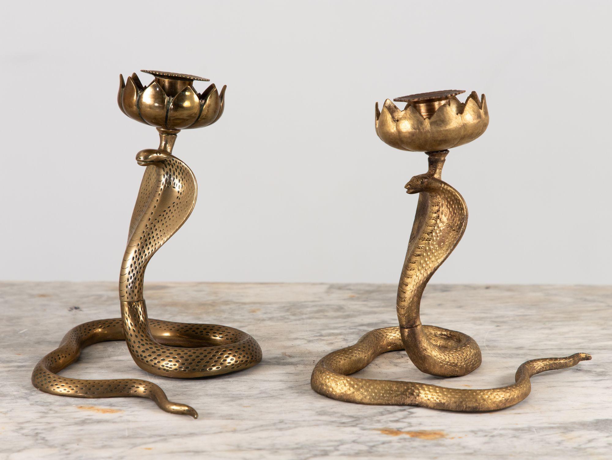 Moroccan Pair Brass Cobra Candlesticks, mid 20th Century