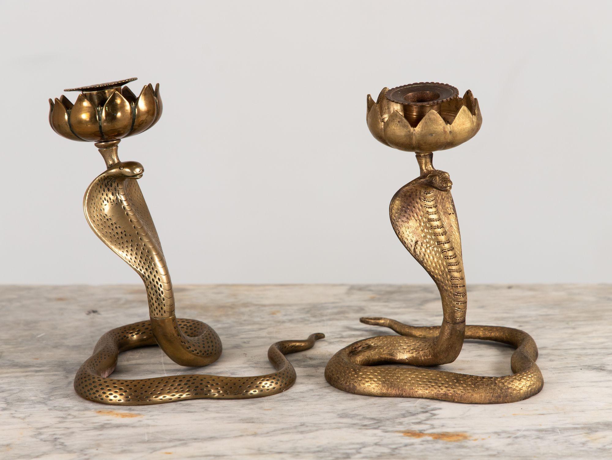 Pair Brass Cobra Candlesticks, mid 20th Century In Good Condition In South Salem, NY