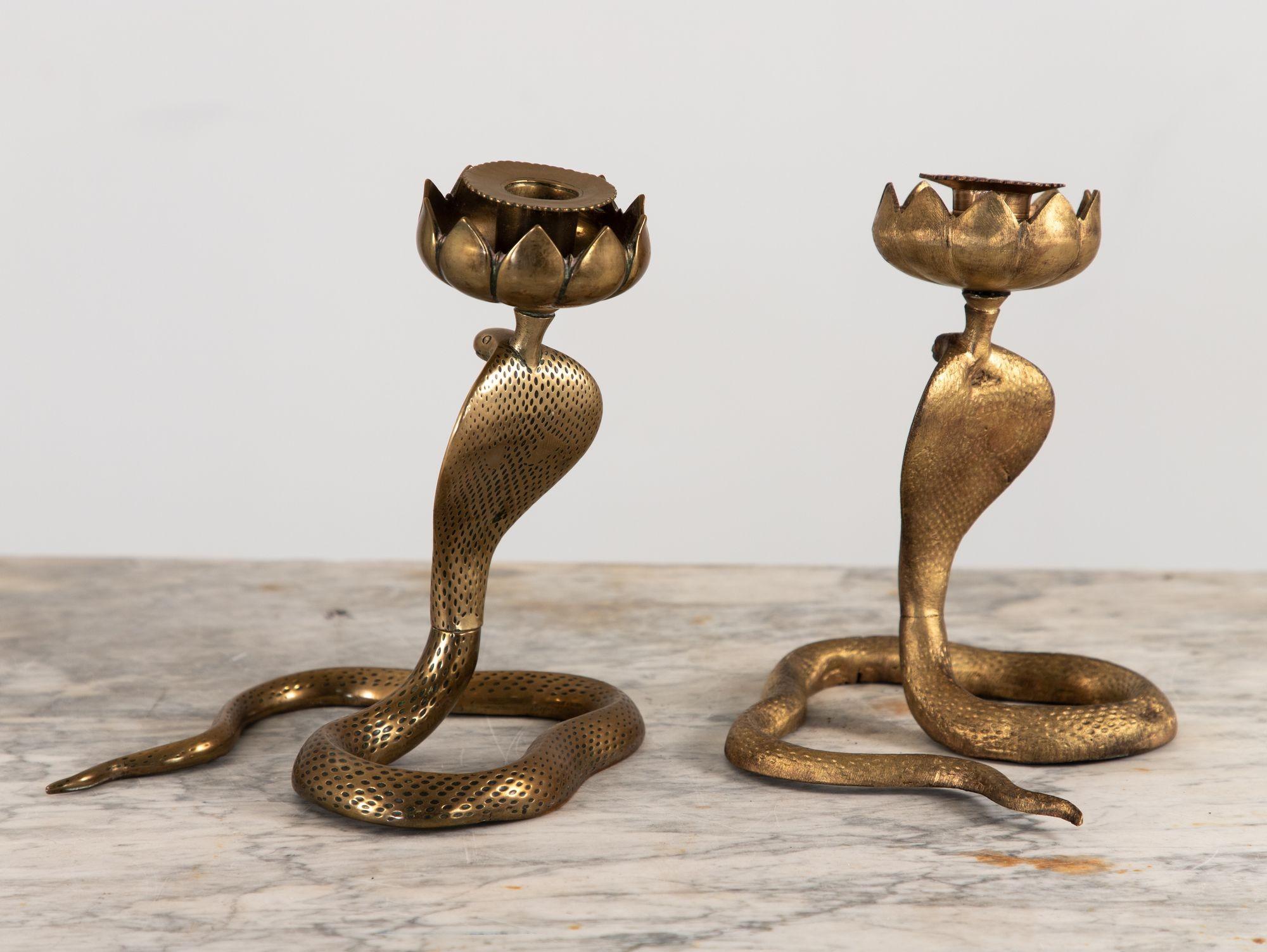 Pair Brass Cobra Candlesticks, mid 20th Century 1