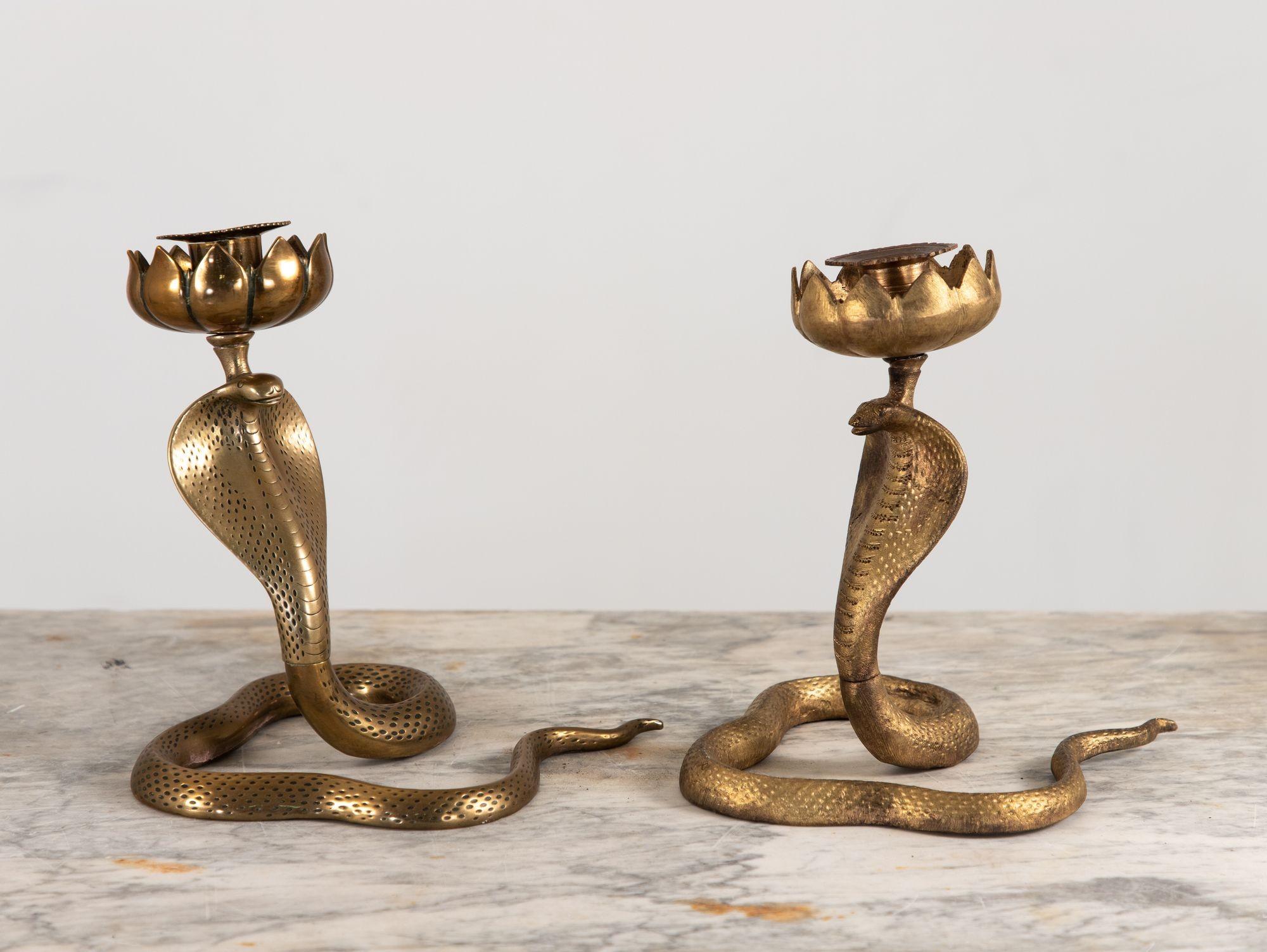 Pair Brass Cobra Candlesticks, mid 20th Century 3