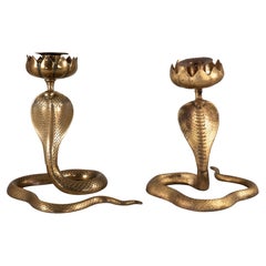 Vintage Pair Brass Cobra Candlesticks, mid 20th Century