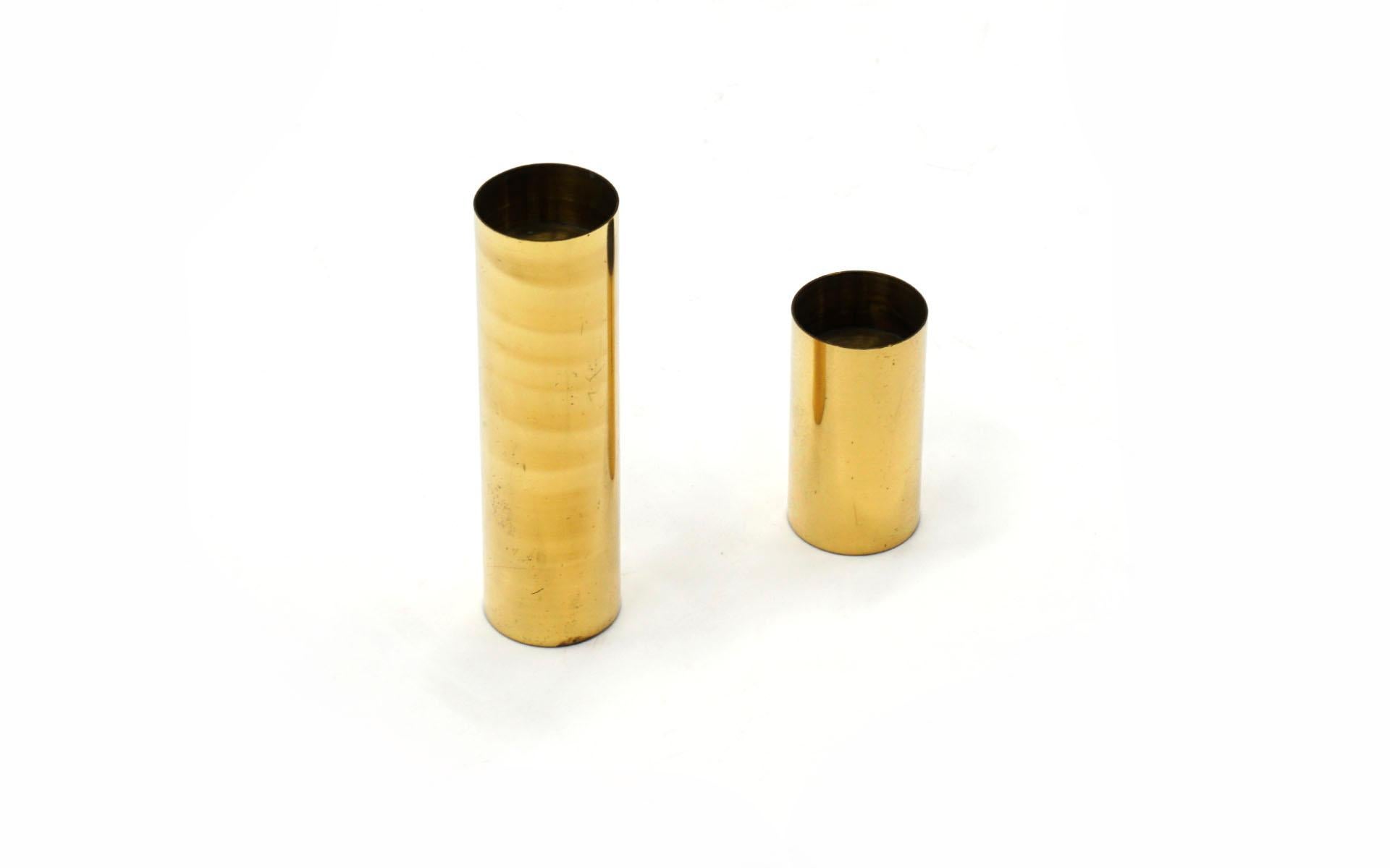 Pair Brass Cylinder Candlesticks / Candle Holders, 1970s In Good Condition For Sale In Kansas City, MO