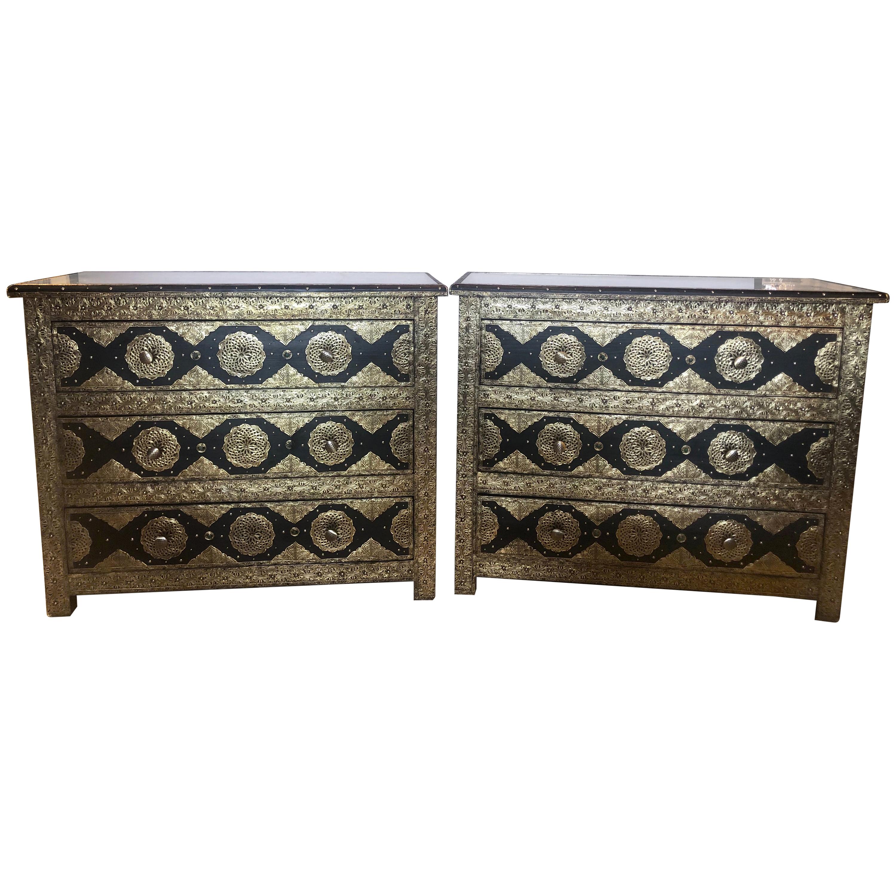 Brass & Ebony Hollywood Regency Style Moroccan Commodes Chests Nightstands, Pair