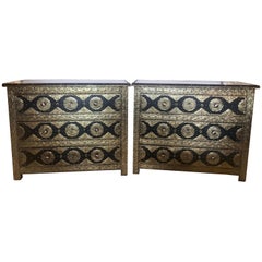 Brass & Ebony Hollywood Regency Style Moroccan Commodes Chests Nightstands, Pair