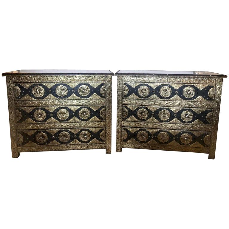 Brass & Ebony Palatial Hollywood Regency Style Commodes Chests Nightstands, Pair