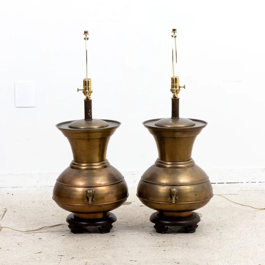 Hollywood Regency Pair Brass Elephant Table Lamps For Sale
