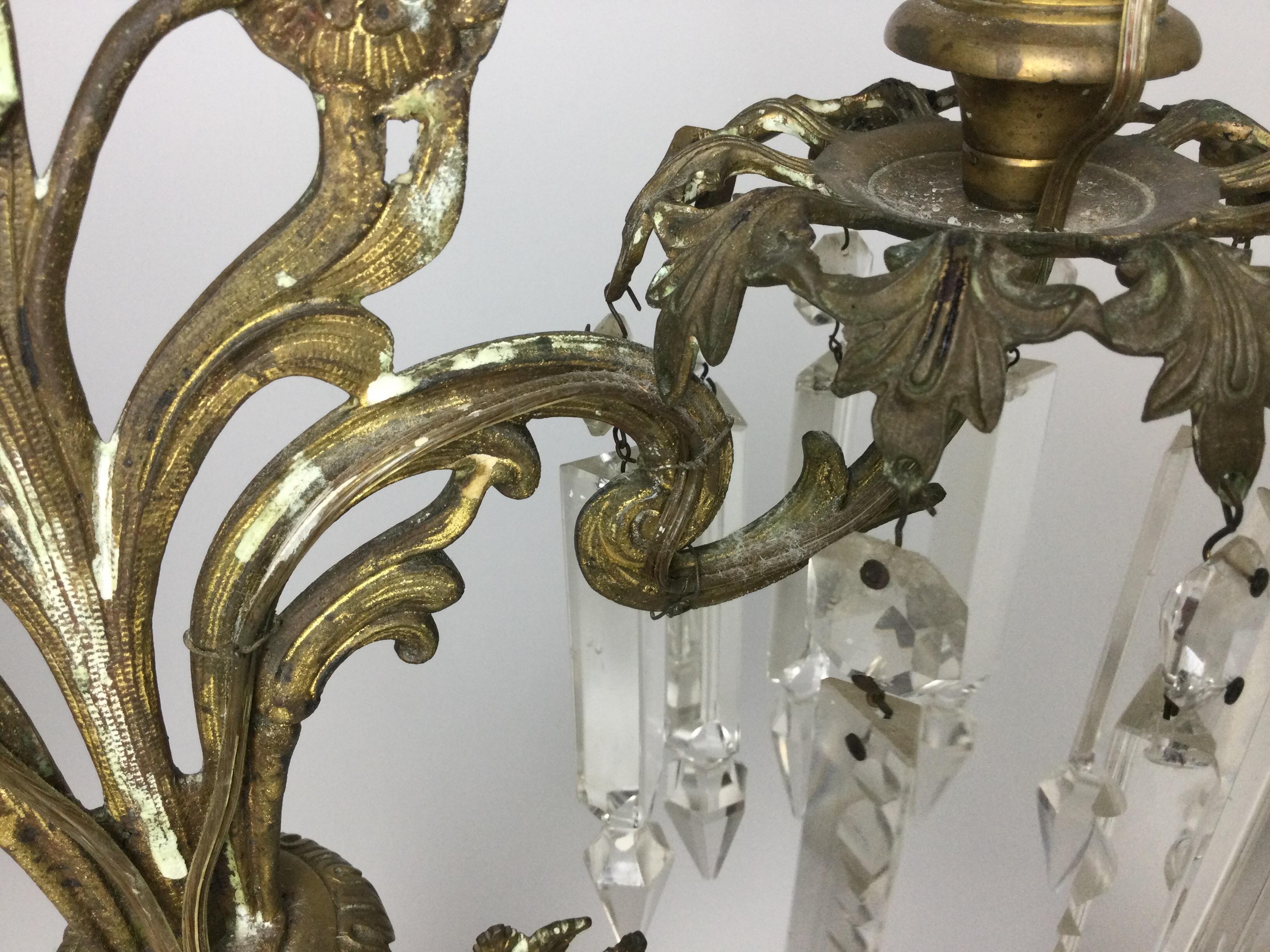 Pair of  Brass Figural Candelabra Lamps with Prisms For Sale 5