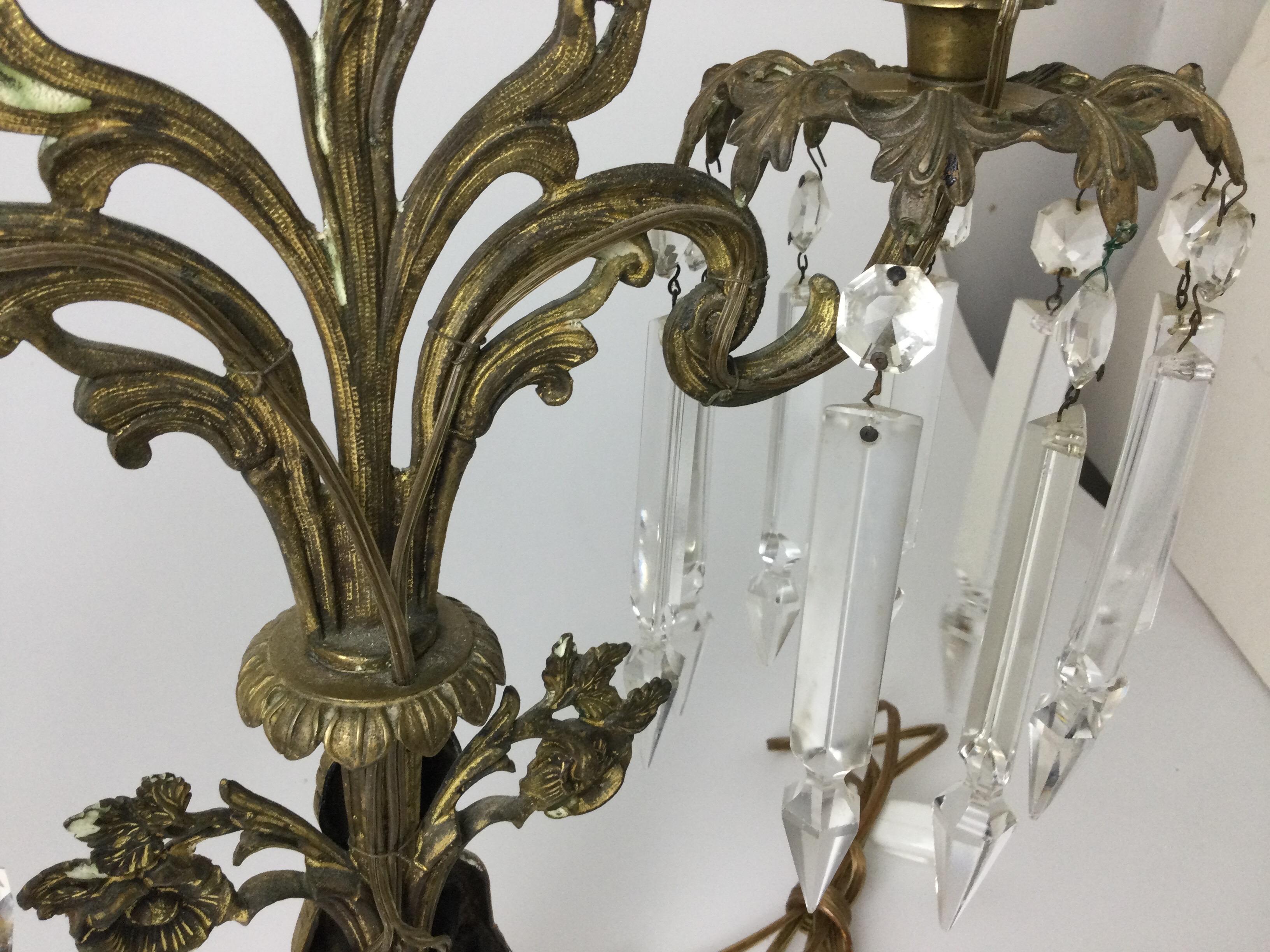 Pair of  Brass Figural Candelabra Lamps with Prisms For Sale 7