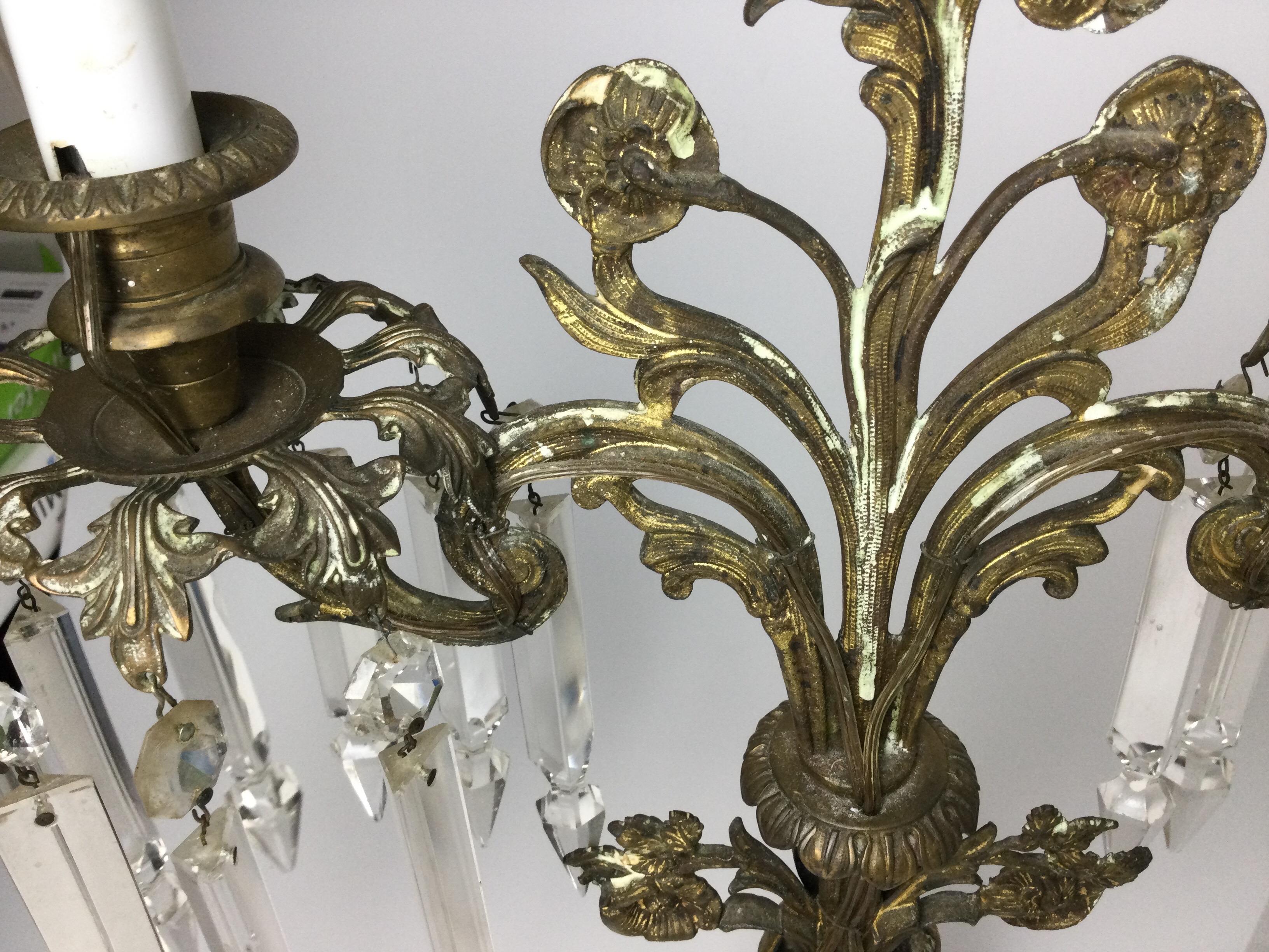 Pair of  Brass Figural Candelabra Lamps with Prisms For Sale 10