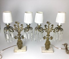 Pair of  Brass Figural Candelabra Lamps with Prisms