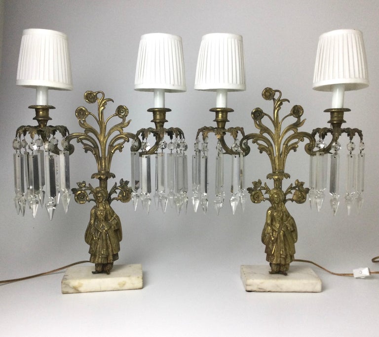 Pair of Brass Figural Candelabra Lamps with Prisms For Sale at 1stDibs