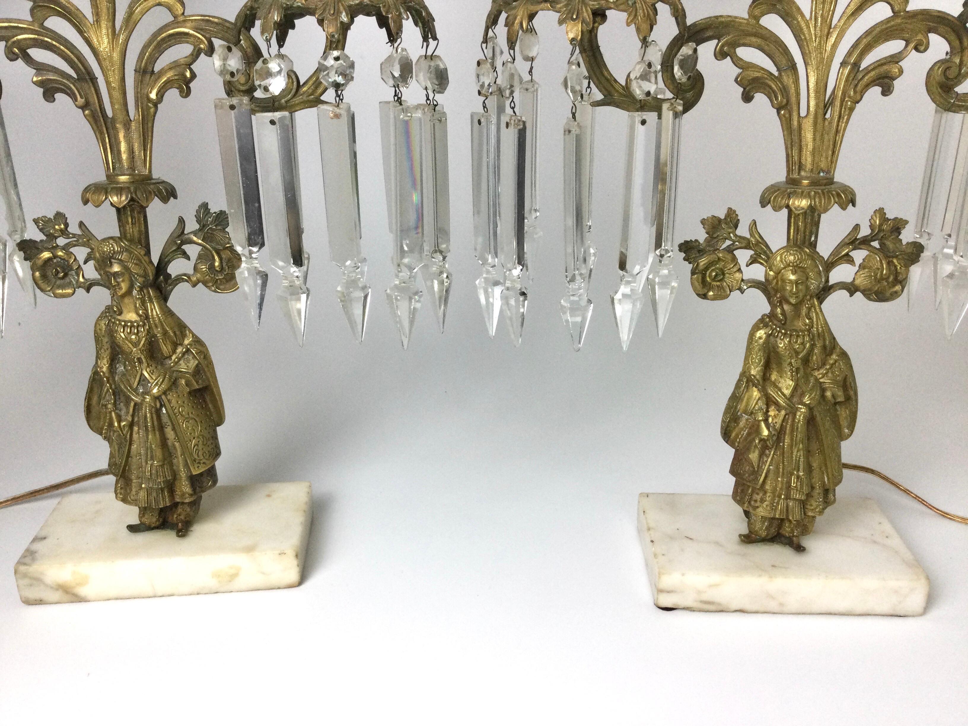 Pair of  Brass Figural Candelabra Lamps with Prisms In Good Condition For Sale In Lambertville, NJ