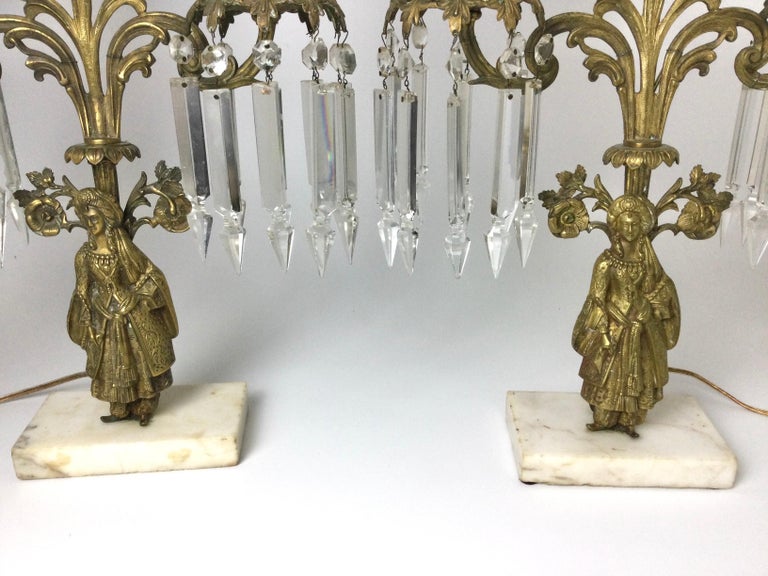 Pair of Brass Figural Candelabra Lamps with Prisms For Sale at 1stDibs