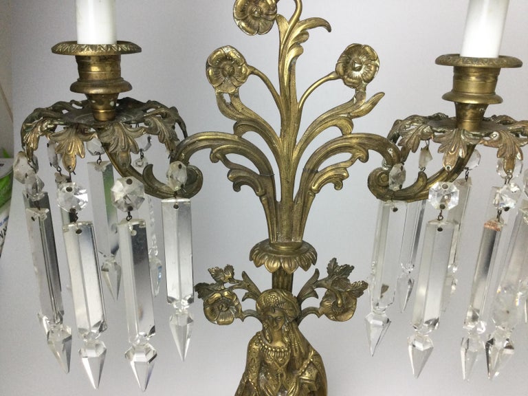 Pair of Brass Figural Candelabra Lamps with Prisms For Sale at 1stDibs