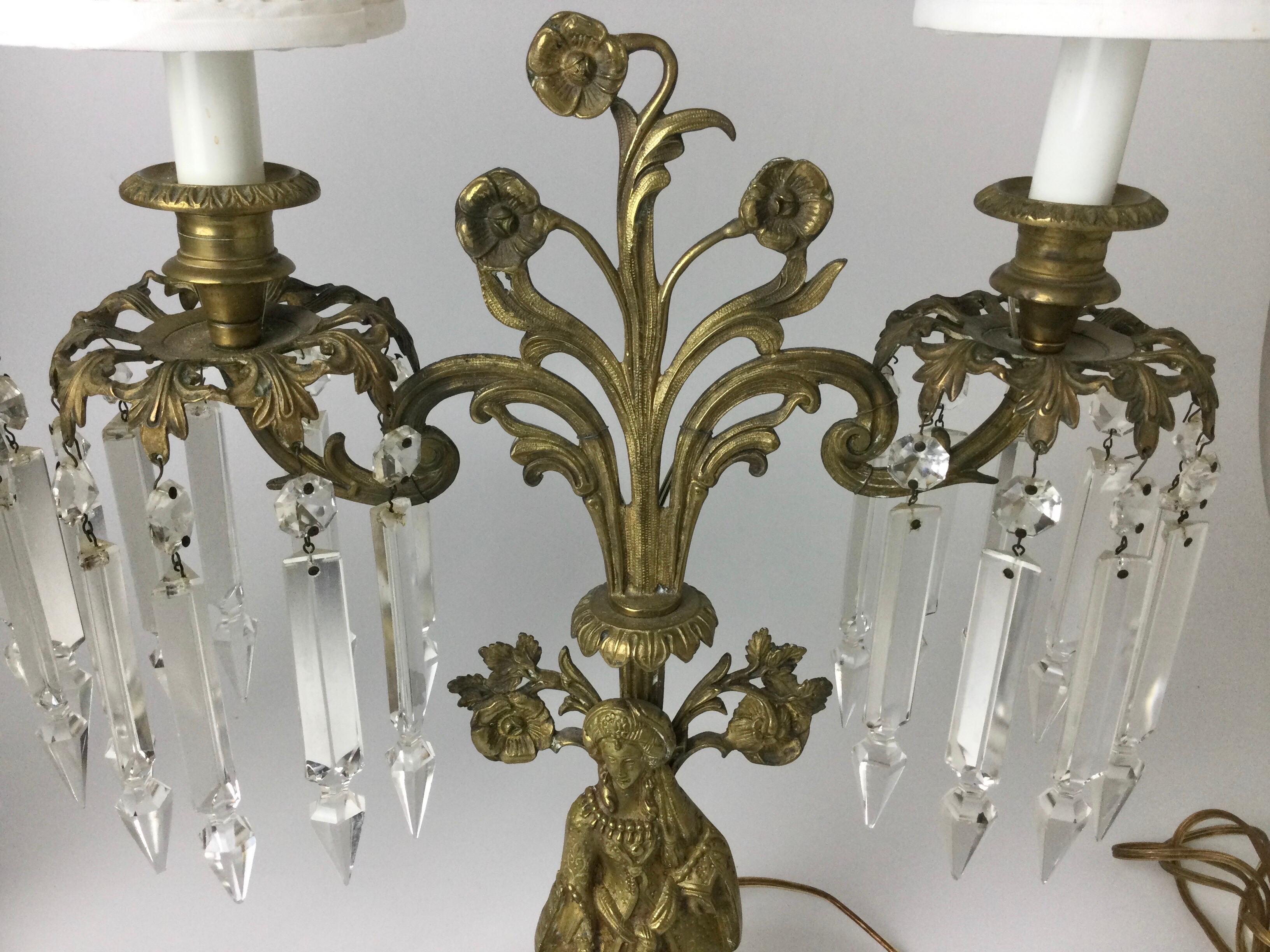Pair of  Brass Figural Candelabra Lamps with Prisms For Sale 1