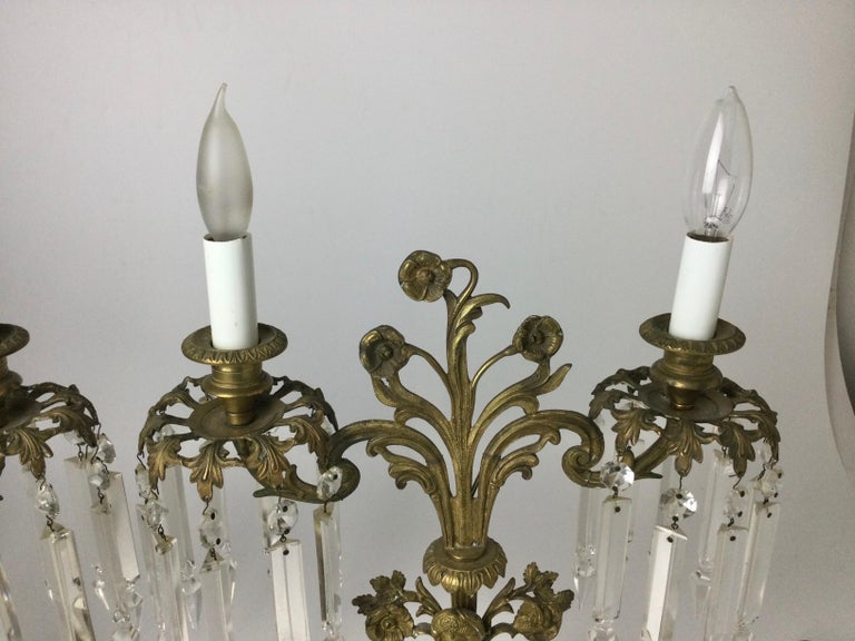 Pair of Brass Figural Candelabra Lamps with Prisms For Sale at 1stDibs
