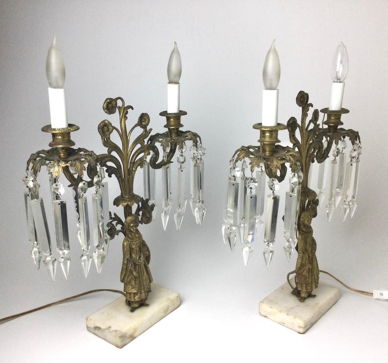 Pair of Brass Figural Candelabra Lamps with Prisms For Sale at 1stDibs