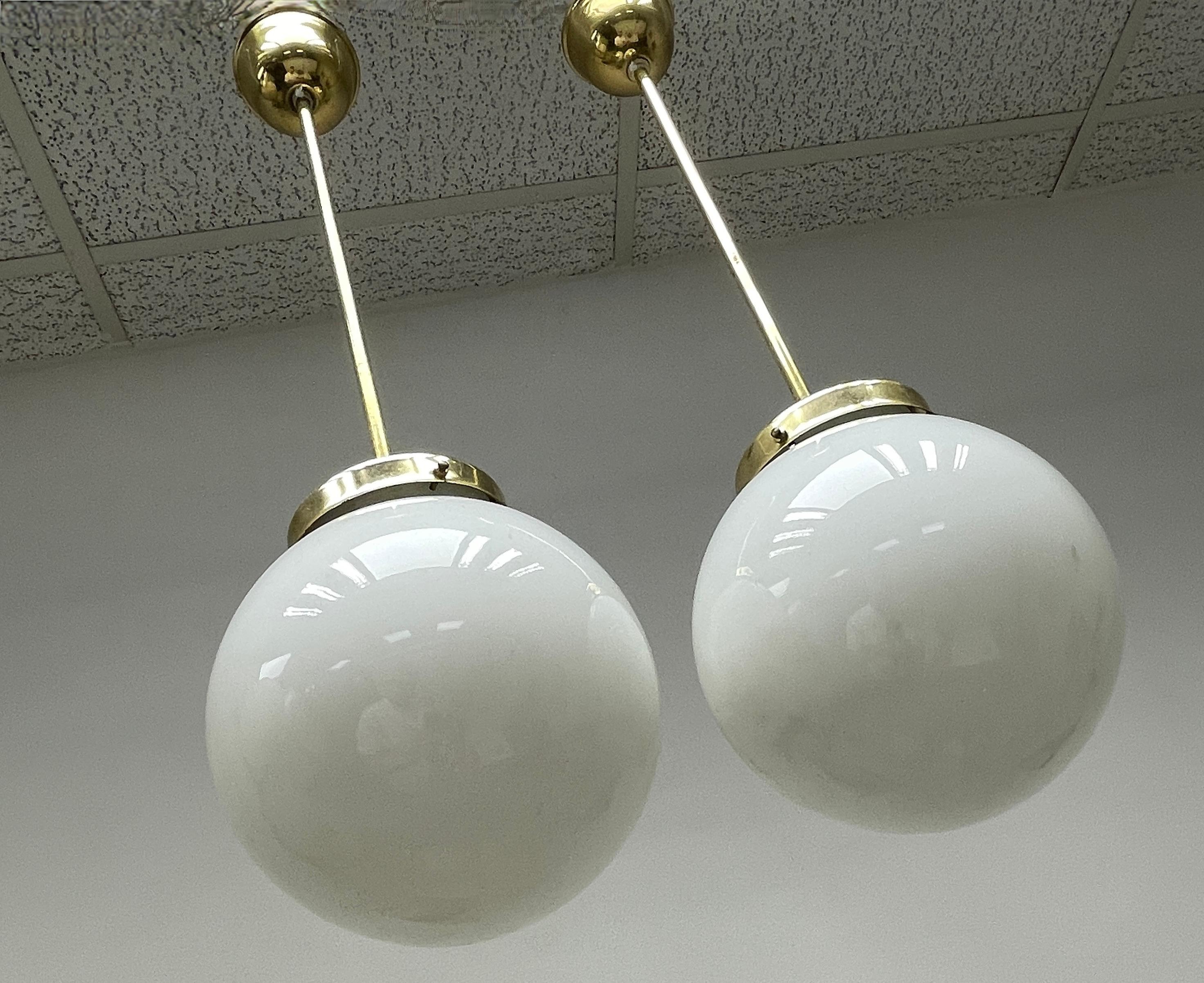 Polished Pair Brass Fixture Pendant Milk Glass Ball Art Deco Style Vintage, Austria For Sale