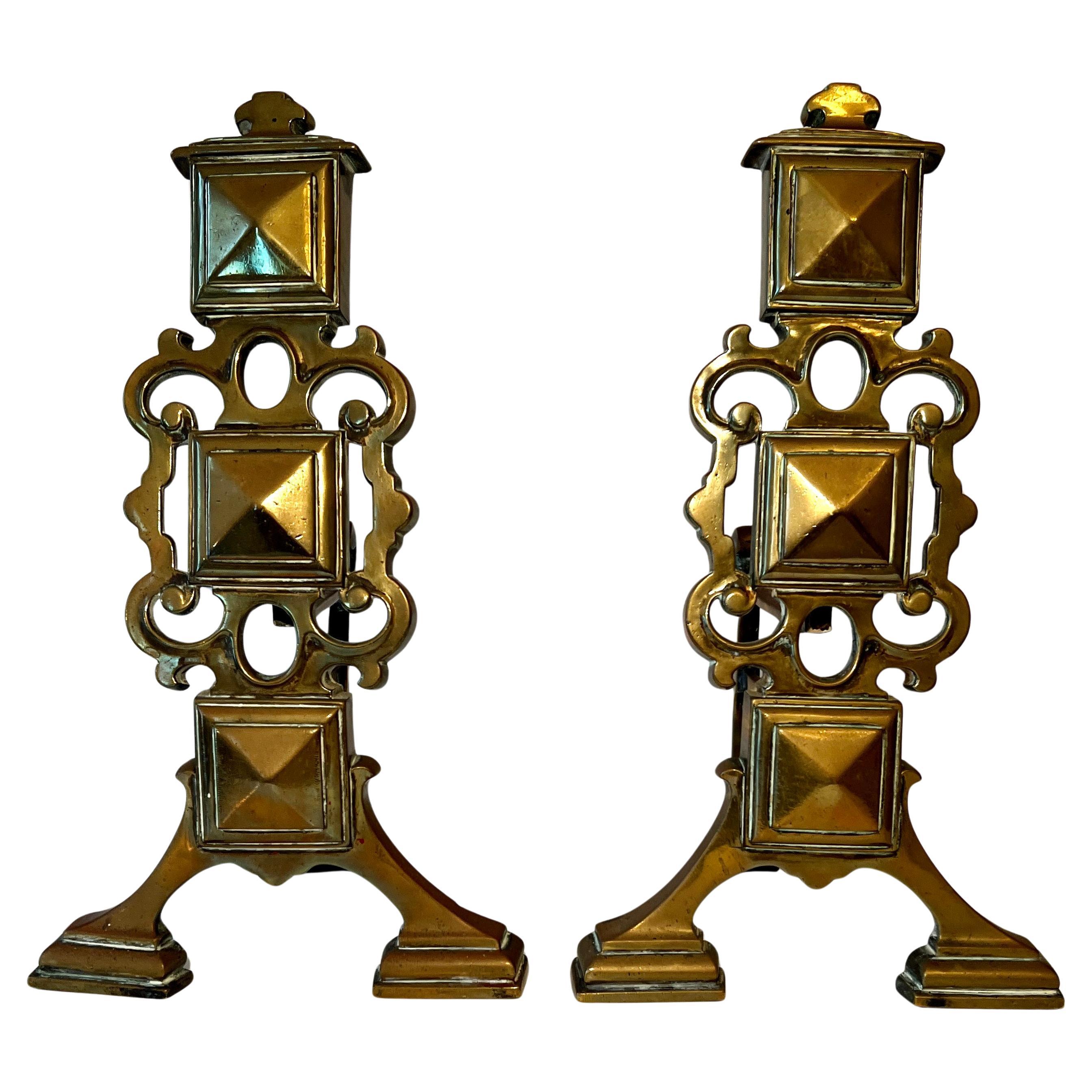 Pair Brass Geometric Andirons