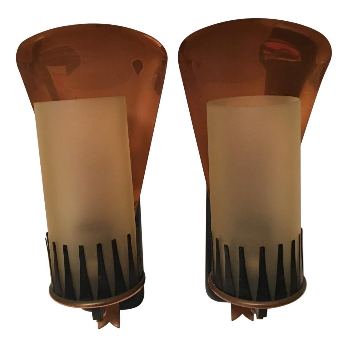 Pair of Brass Glass 1950s Sconces in Style of Gio Ponti im Angebot