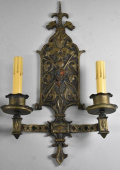 Pair of Brass Gothic Revival Wall Sconces Knight, Dragons & Shield